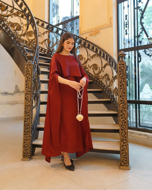 Two Tone Cape Shawl with Long Fitting Body Maxi & Dori (2-Piece Set)