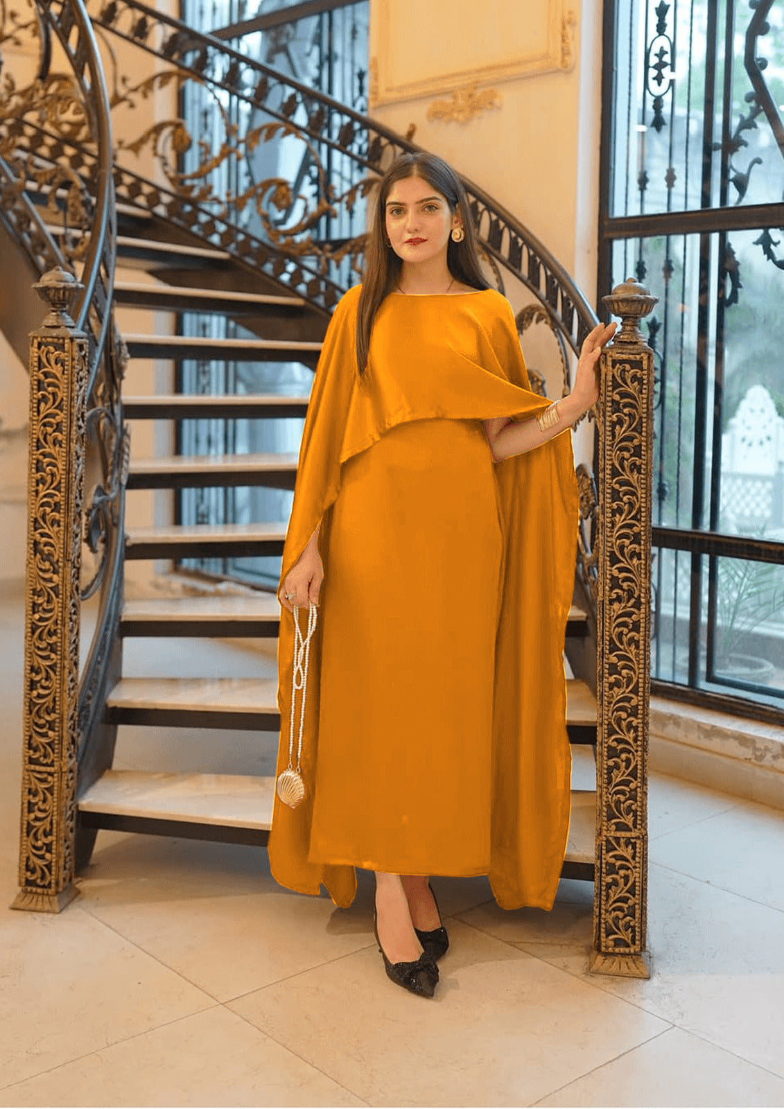 Two Tone Cape Shawl with Long Fitting Body Maxi & Dori (2-Piece Set)