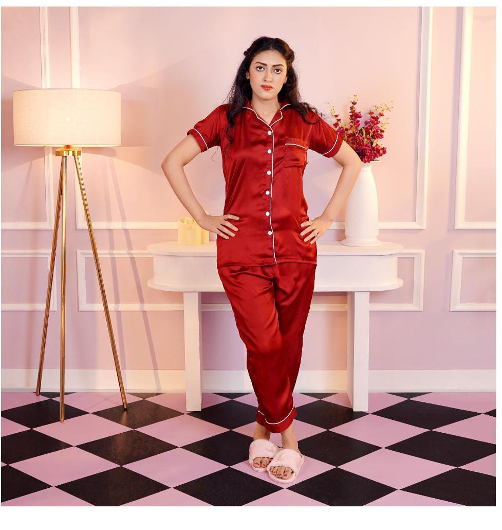 Women's Imported China Silk Pajama Set | Premium Piping Night Suit