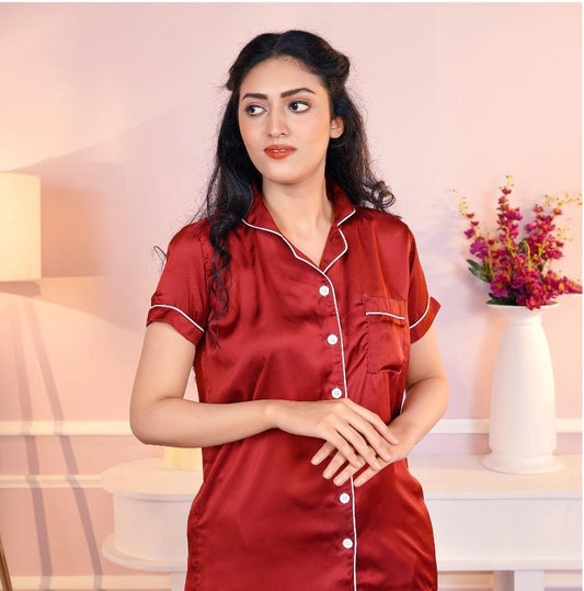 Women's Imported China Silk Pajama Set | Premium Piping Night Suit