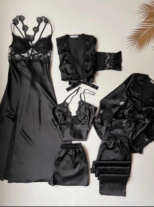 Women’s 6-Piece Luxury Satin Sleepwear Set - Lace Nighty, Robe, Cami & Pajamas