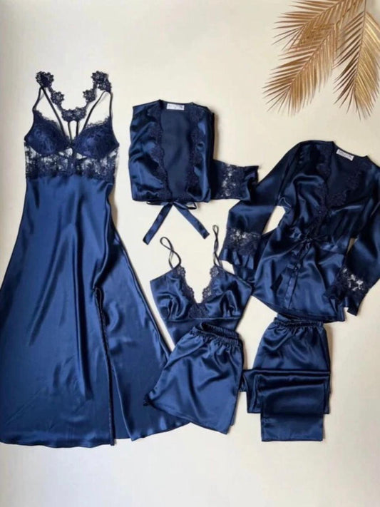 Women’s 6-Piece Luxury Satin Sleepwear Set - Lace Nighty, Robe, Cami & Pajamas