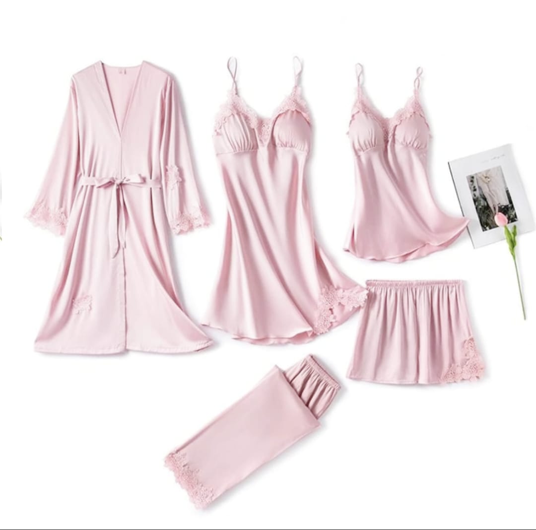 Luxurious 5-Piece Satin Silk Bridal Nightwear Set