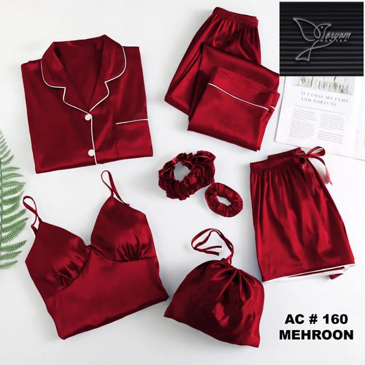Premium 6-Piece Satin Silk Nightwear & Pajama Set