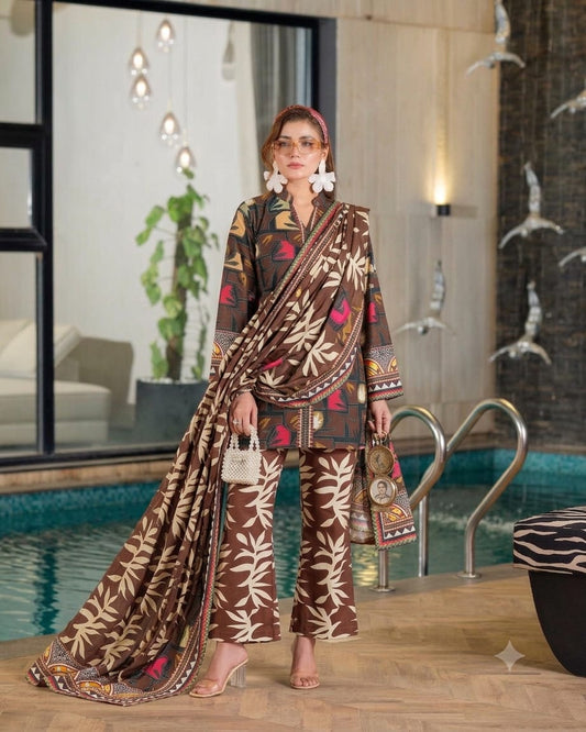 Premium Swiss Lawn 3-Piece Abstract & Botanical Printed Kurti & Farshi Shalwarβ Chocolate Brown