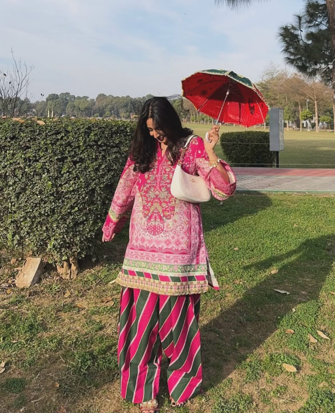 Magenta Floral Printed Lawn Kurti & Farshi Shalwar with Dupatta – 3 Piece