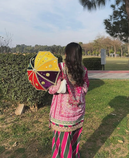 Magenta Floral Printed Lawn Kurti & Farshi Shalwar with Dupatta – 3 Piece