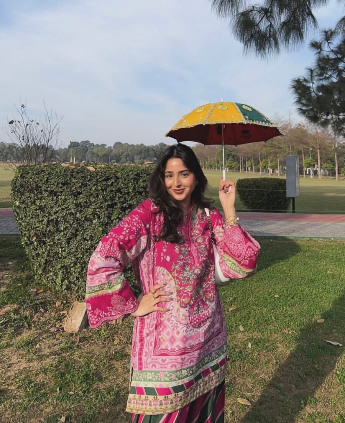Magenta Floral Printed Lawn Kurti & Farshi Shalwar with Dupatta – 3 Piece