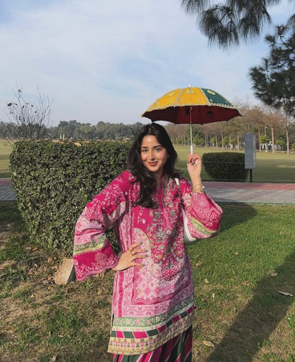 Magenta Floral Printed Lawn Kurti & Farshi Shalwar with Dupatta – 3 Piece