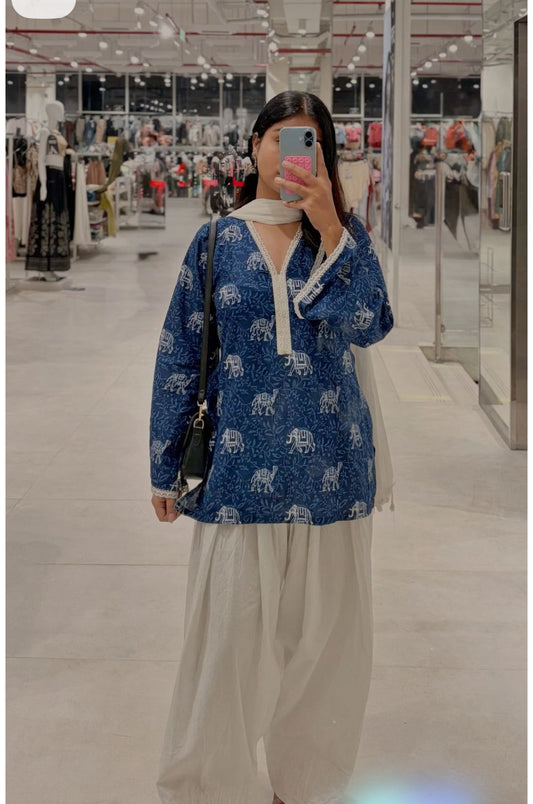 Royal Blue Elephant Block Printed Lawn Tunic with Farshi Shalwar – 2 Piece