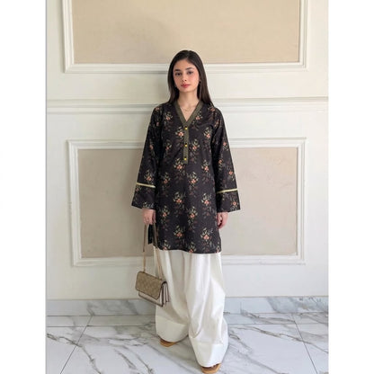 Midnight Black Floral Printed Lawn Kurti & Farshi Shalwar Set
