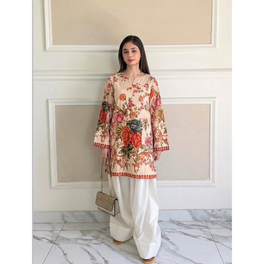 Dusty Peach Botanical Printed Lawn Kurti & Farshi Shalwar Set