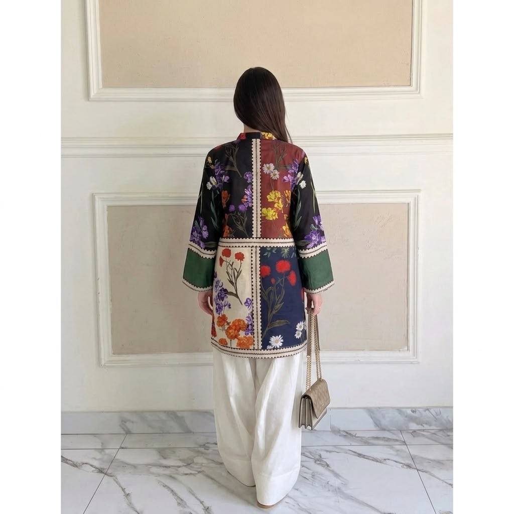Multi-Color Patchwork Floral Printed Lawn Tunic with Farshi Shalwar – 2 Piece