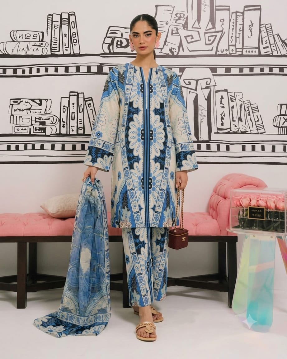 Indigo Blue & Cream Printed Lawn Suit with Dupatta – 3 Piece