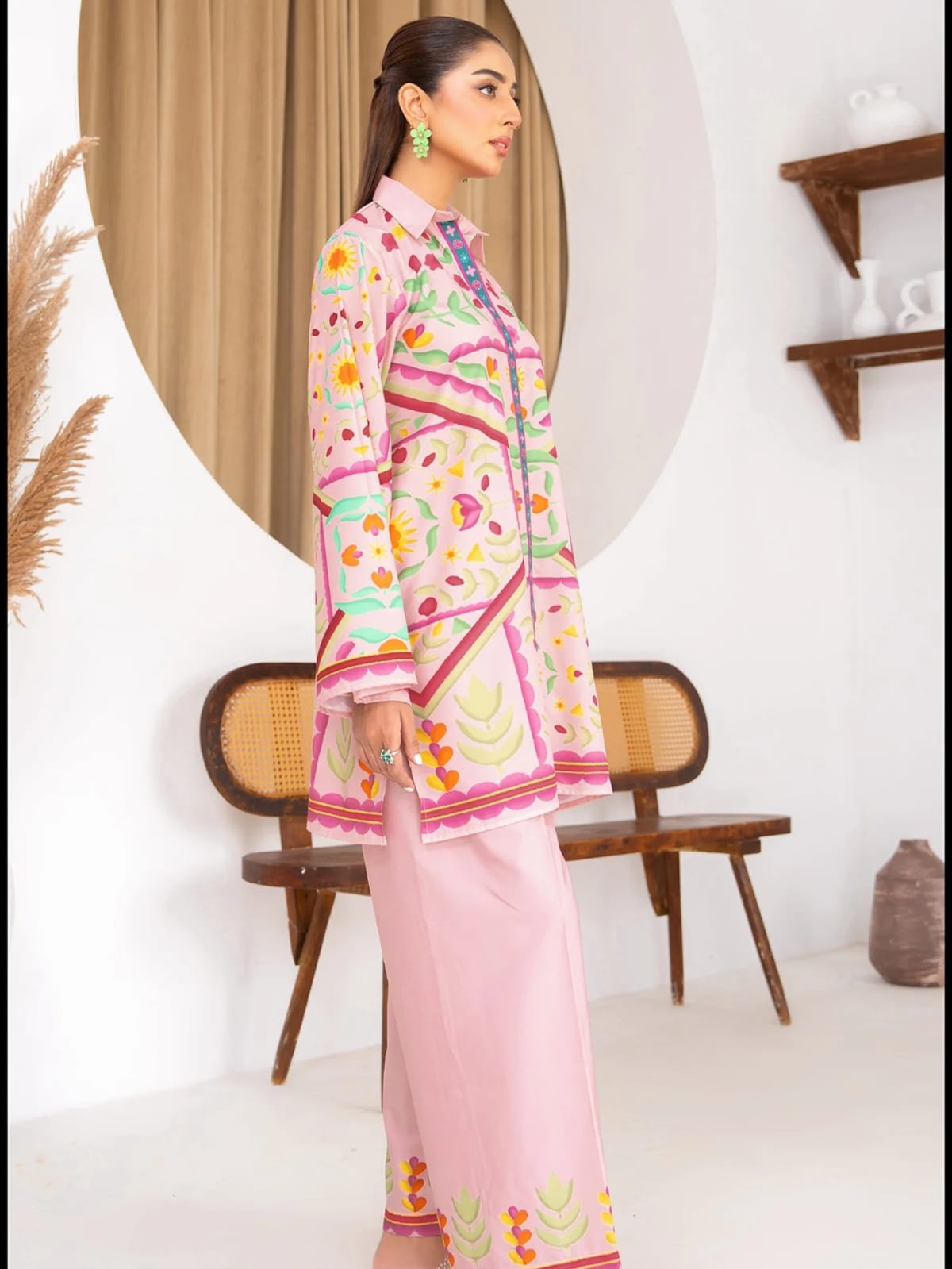 Pastel Pink Folk Floral Printed Lawn Kurti & Farshi Shalwar 3-Piece Set