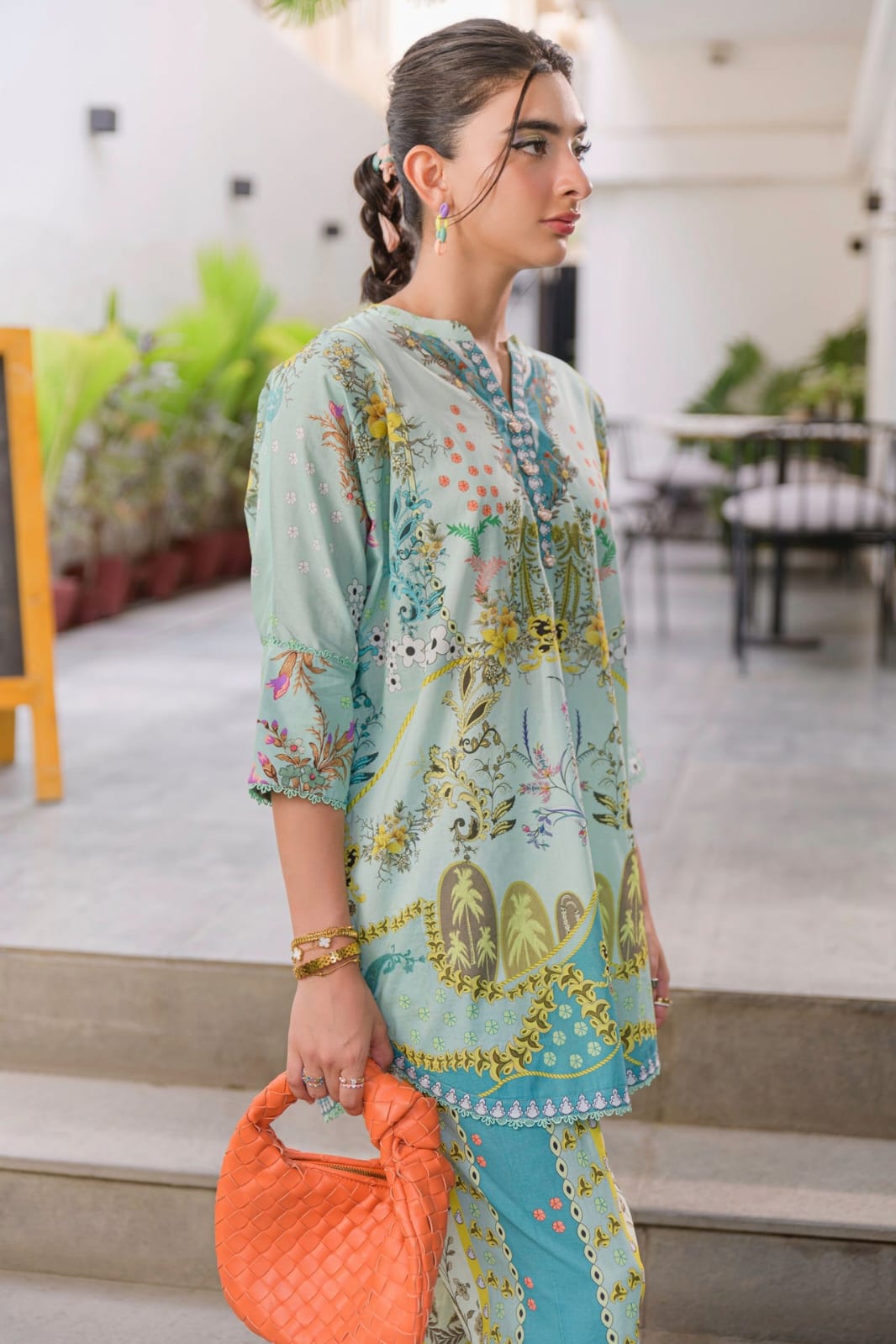 Pastel Teal Tropical Vignette Printed Lawn Suit with Printed Dupatta
