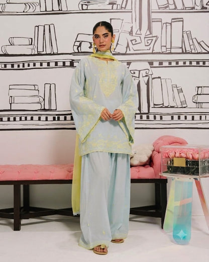 Pastel Lemon Drops – 3-Piece Embroidered-Look Lawn Suit