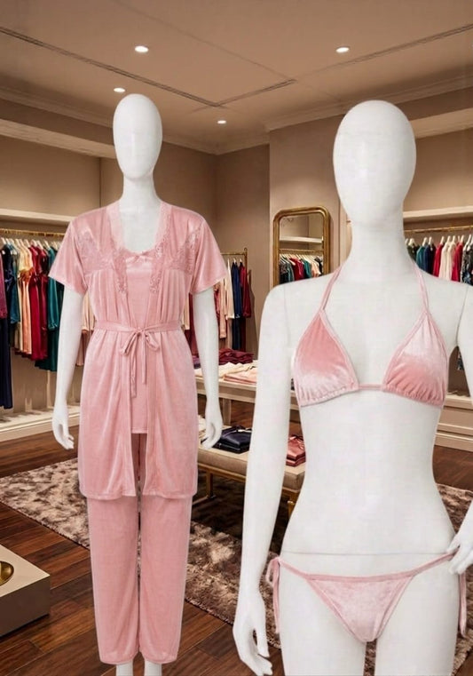 Luxury Satin Silk 5-Piece Nightwear & Bridal Robe Set with Lace Detail