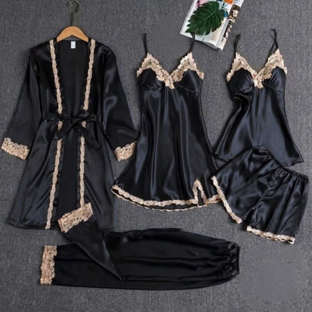 Premium Satin Silk 5-Piece Nightwear & Robe Set with Gold Lace Trim