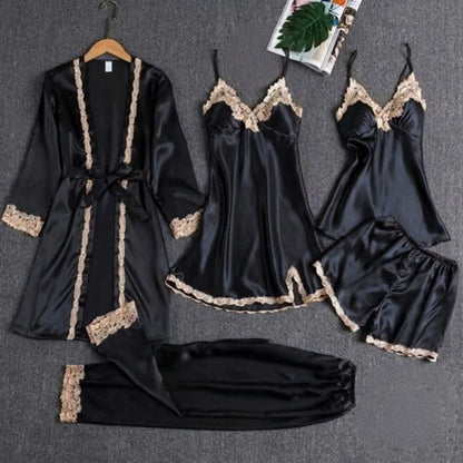 Premium Satin Silk 5-Piece Nightwear & Robe Set with Gold Lace Trim