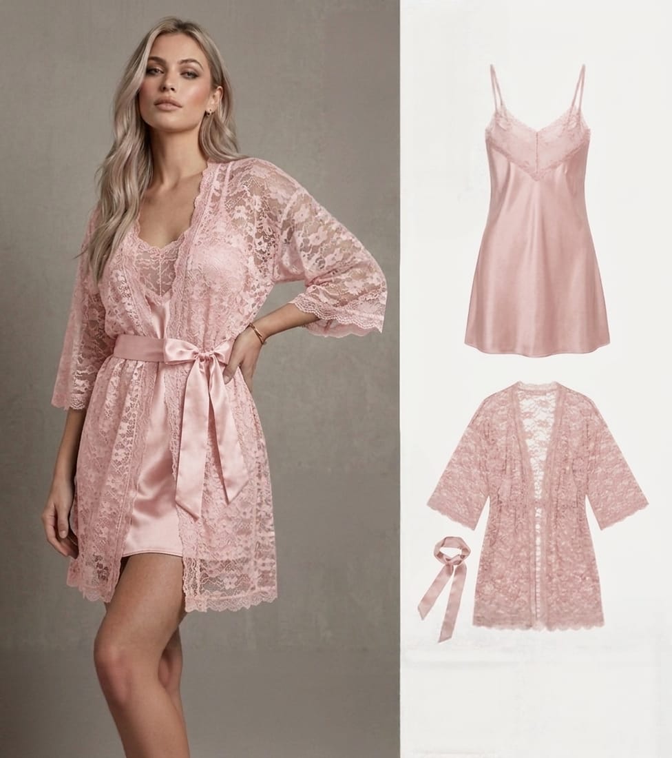 Sensual Satin Silk & Floral Lace 2-Piece Nighty & Robe Set