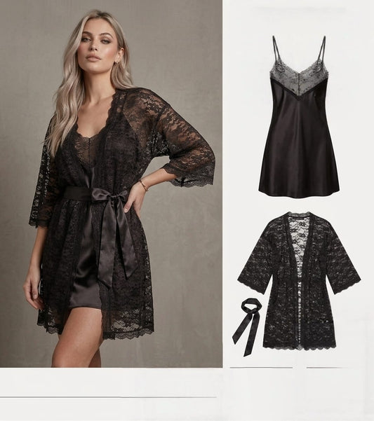 Sensual Satin Silk & Floral Lace 2-Piece Nighty & Robe Set