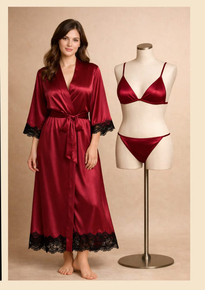 Luxury Satin Silk 3-Piece Nightwear Set – Long Gown Robe, Bra & Panty