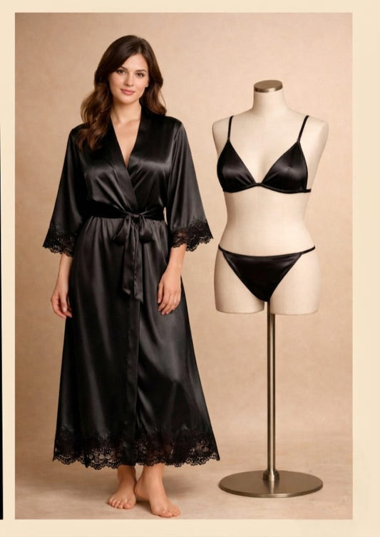 Luxury Satin Silk 3-Piece Nightwear Set – Long Gown Robe, Bra & Panty