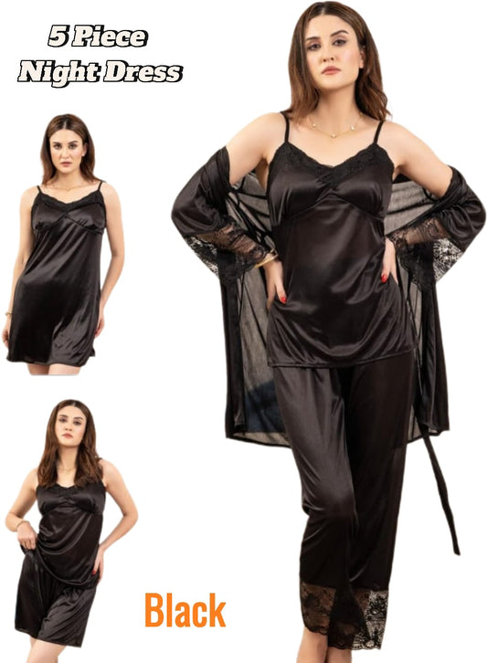 Luxury Satin Silk 5-Piece Bridal Nightwear Set – Robe, Nighty, Cami Top, Trousers & Shorts