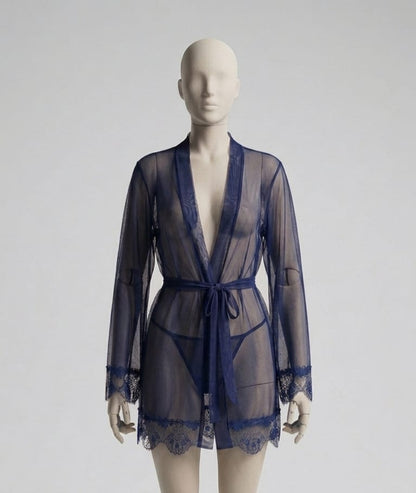 Sheer Soft Net Robe Gown & Panty Lingerie Set with Lace Trim