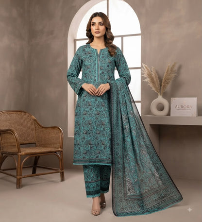 Teal Paisley Printed Pure Lawn 3-Piece Stitched Suit