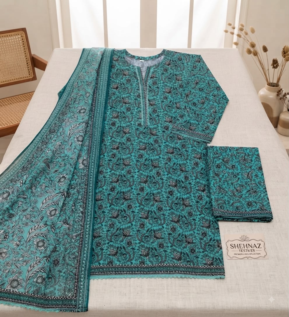 Teal Paisley Bareeza Pure Lawn Stitched Suit (3 PCS)