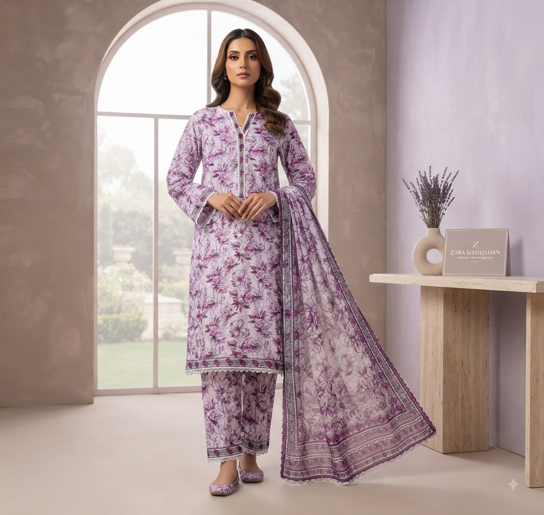 Lilac Bloom Printed Pure Lawn 3-Piece Stitched Suit