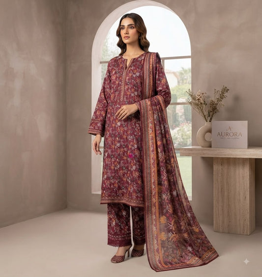 Plum Botanical Printed Pure Lawn 3-Piece Stitched Suit