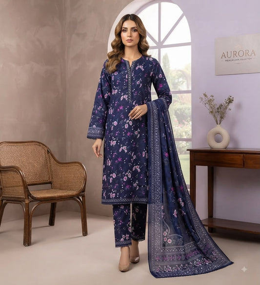 Midnight Floral Bareeza Pure Lawn Stitched Suit (3 PCS)