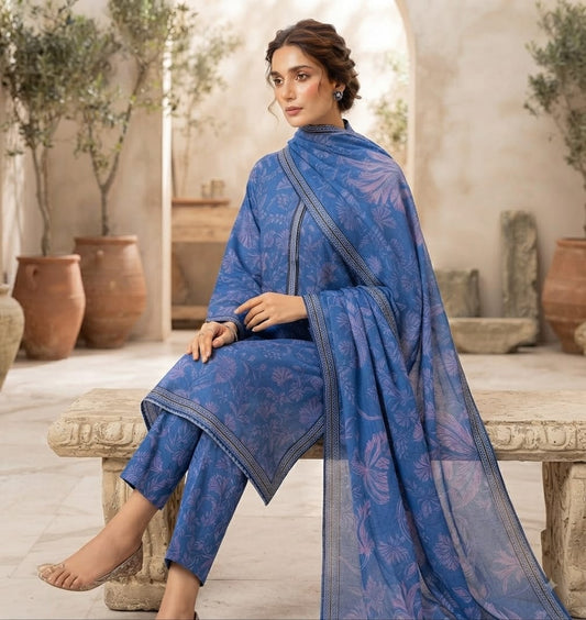 Royal Indigo Floral Pure Lawn 3-Piece Stitched Suit