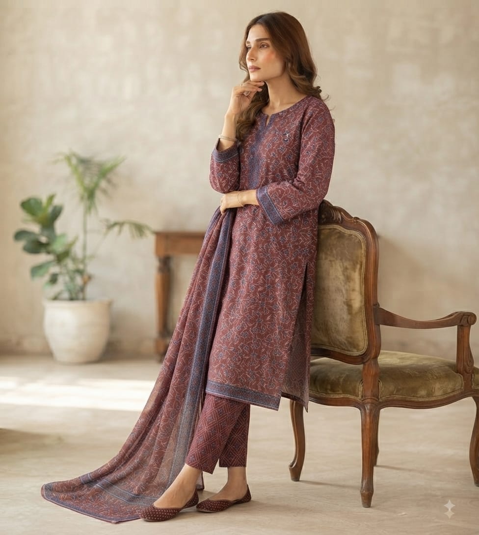 Stitch Lawn Suit – Maroon Floral Print