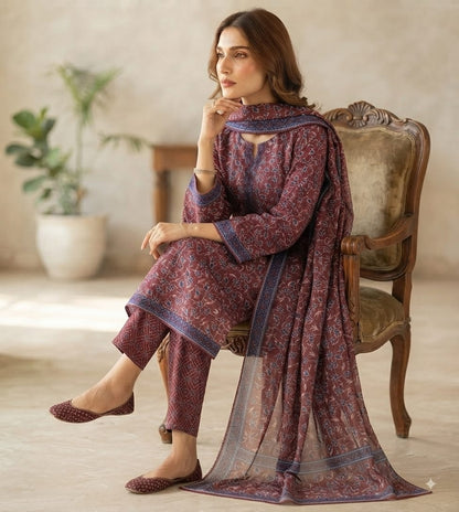 Stitch Lawn Suit – Maroon Floral Print