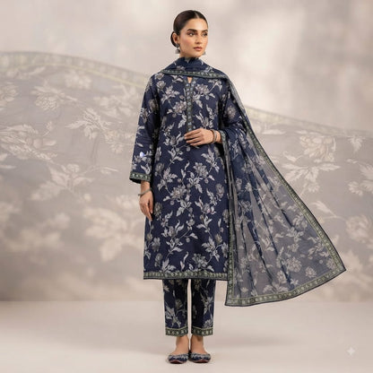 Midnight Botanical Bareeza Pure Lawn Stitched Suit (3 PCS)