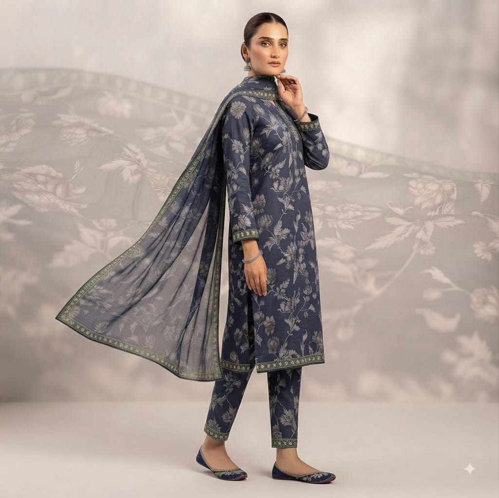 Midnight Botanical Bareeza Pure Lawn Stitched Suit (3 PCS)