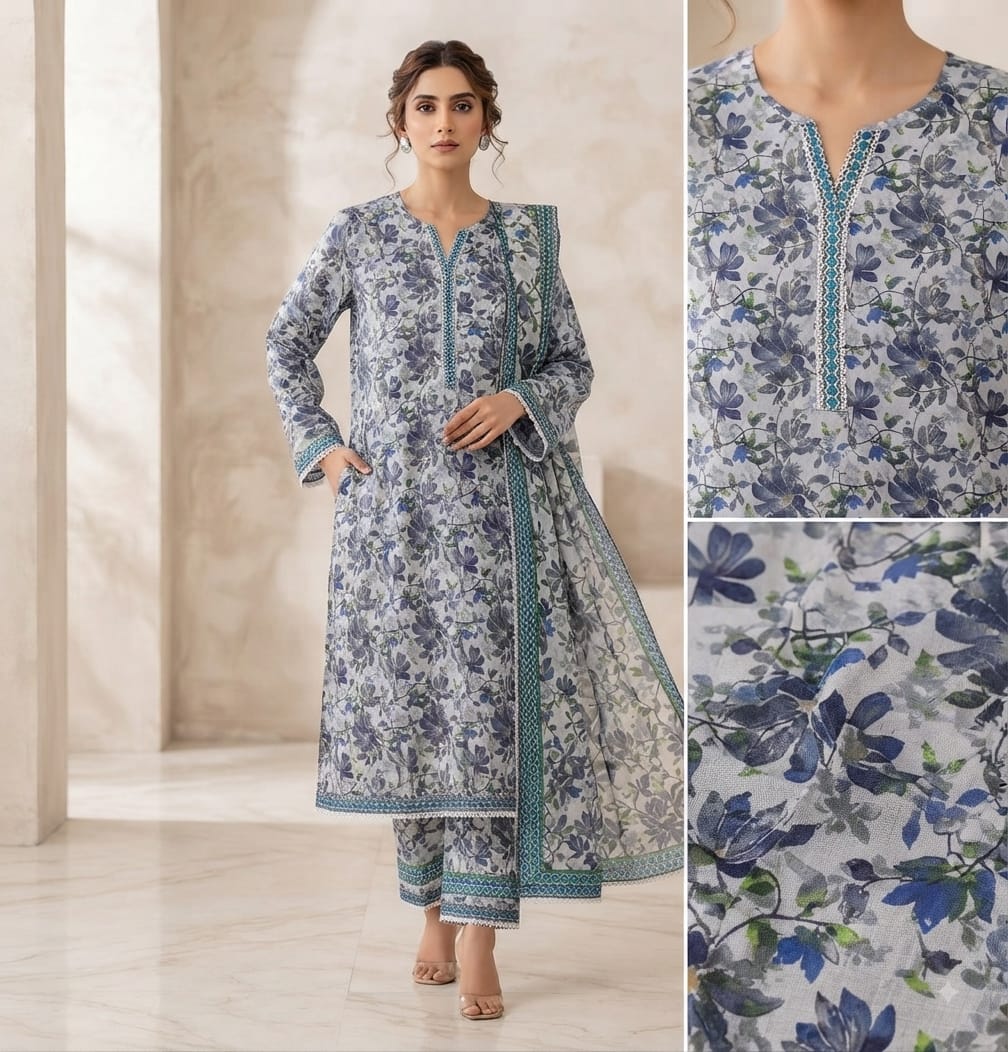Slate Floral Printed Pure Lawn 3-Piece Stitched Suit