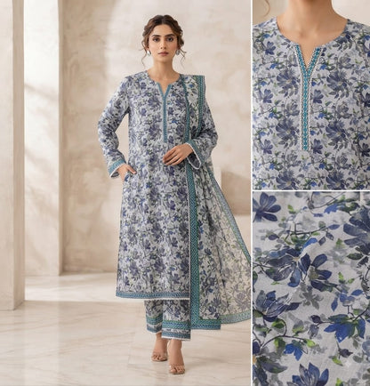 Slate Floral Printed Pure Lawn 3-Piece Stitched Suit