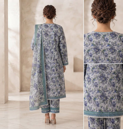 Slate Floral Printed Pure Lawn 3-Piece Stitched Suit
