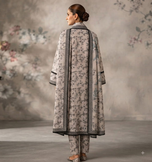 Monochrome Floral Printed Pure Lawn 3-Piece Stitched Suit