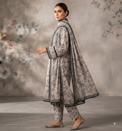 Monochrome Floral Printed Pure Lawn 3-Piece Stitched Suit