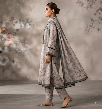Monochrome Floral Printed Pure Lawn 3-Piece Stitched Suit