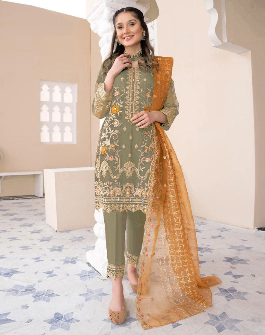 Heavy Embroidered Organza Suit (3PC)