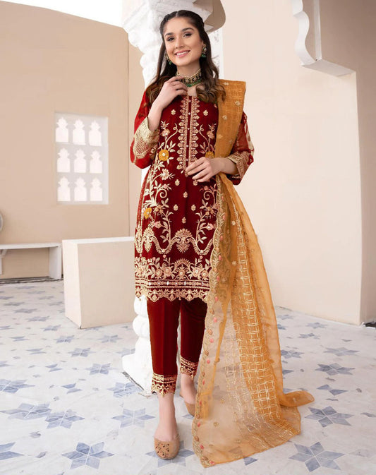 Heavy Embroidered Organza Suit (3PC)