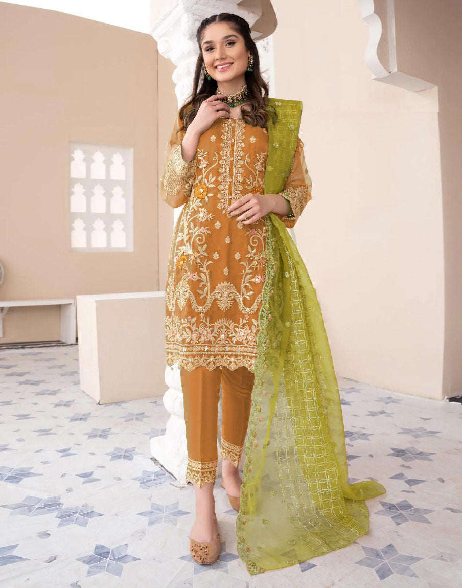 Heavy Embroidered Organza Suit (3PC)