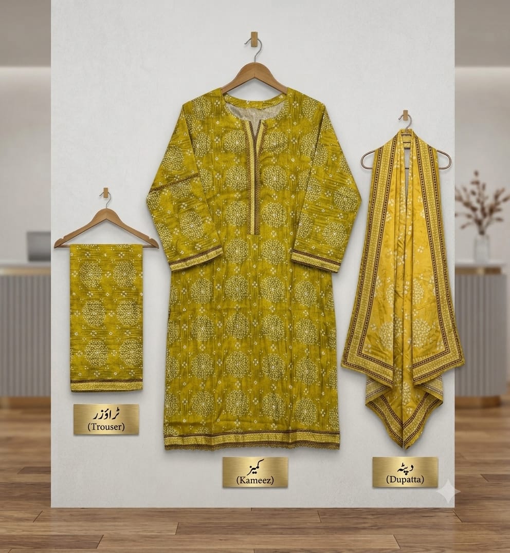 Mustard Bandhani Bareeza Pure Lawn Stitched Suit (3 PCS)